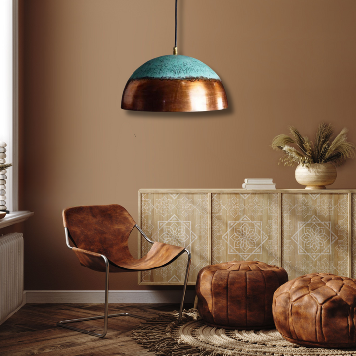 COPPER DOME CEILING LIGHT, HALF PATINA
