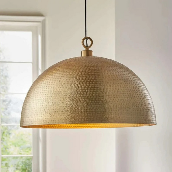 BRASS DOME CEILING LIGHT, HAMMERED GOLD