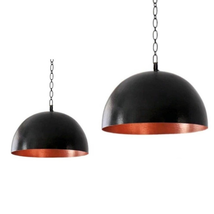 DOME CEILING LIGHT, HAMMERED BLACK & COPPER