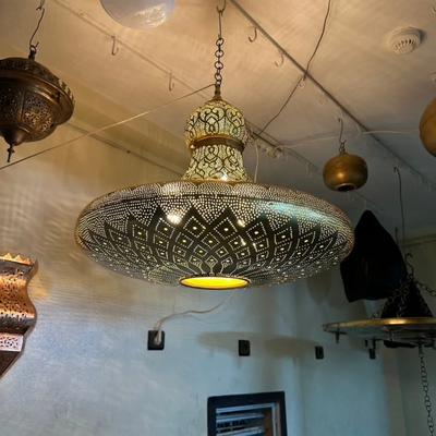 Moroccan Handcrafted Brass Pendant Light – Pre-Wired with Bulb for Indoor Elegance