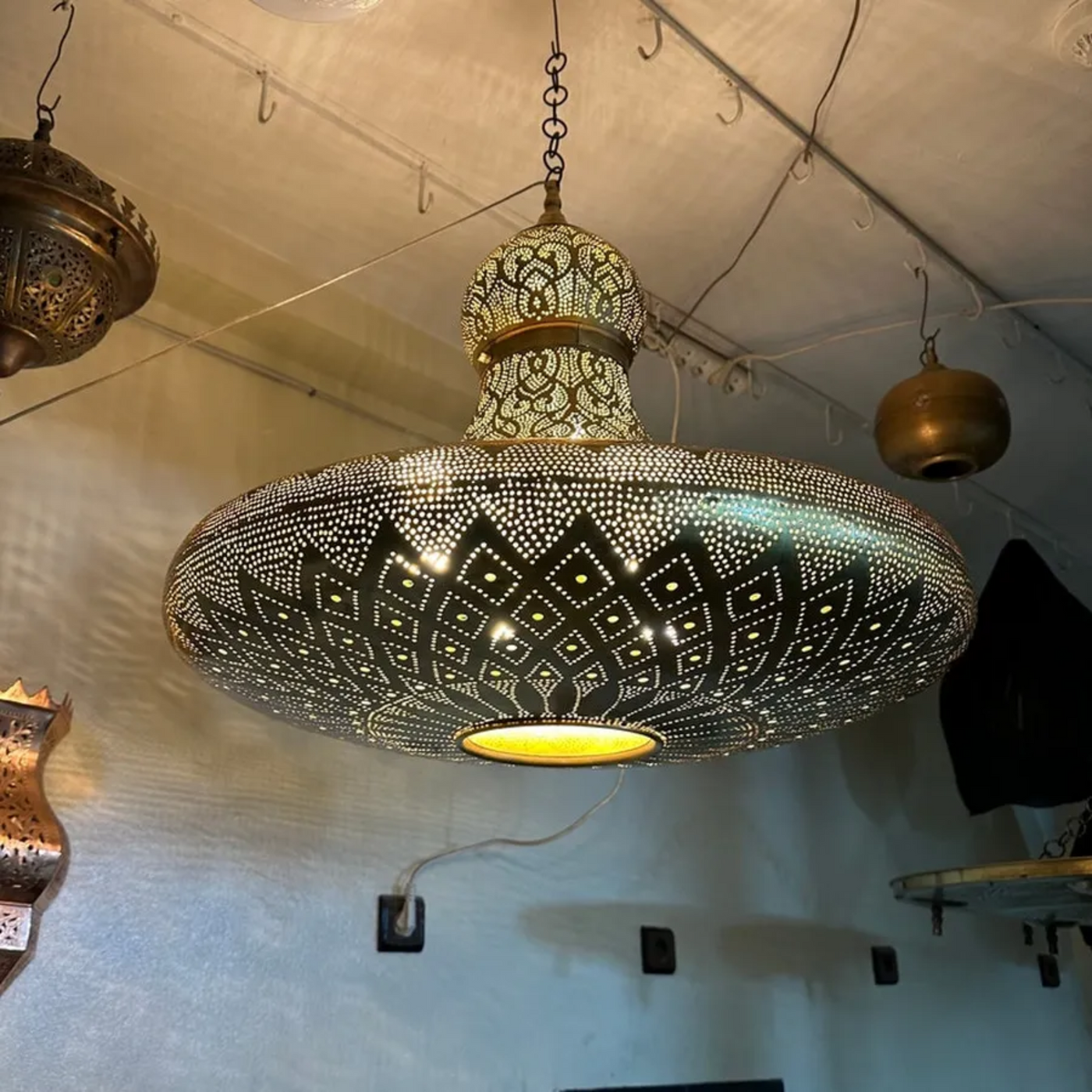 Moroccan Handcrafted Brass Pendant Light – Pre-Wired with Bulb for Indoor Elegance