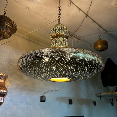 Moroccan Handcrafted Brass Pendant Light – Pre-Wired with Bulb for Indoor Elegance