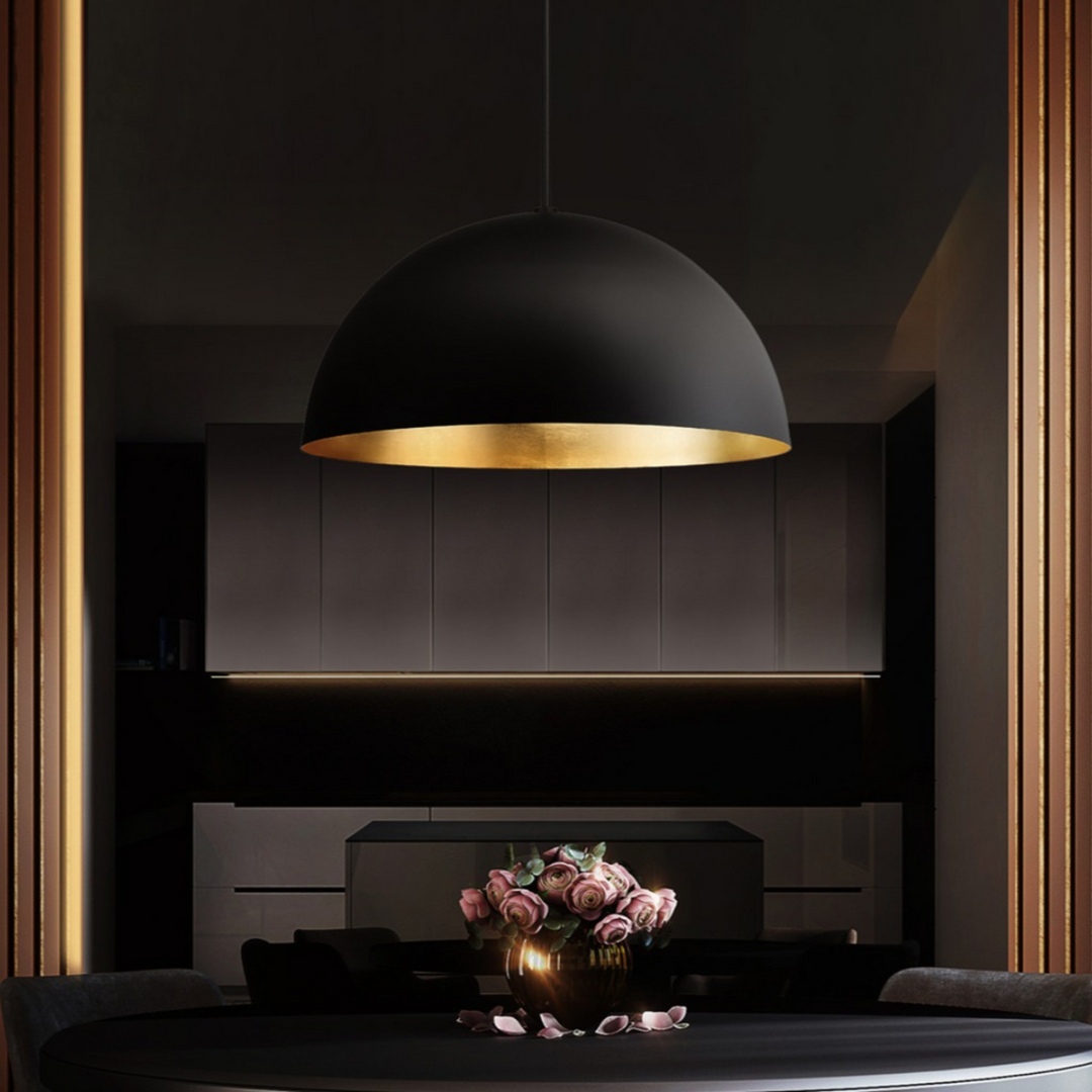 SET OF BRASS DOME CEILING LIGHTS, BLACK & GOLD