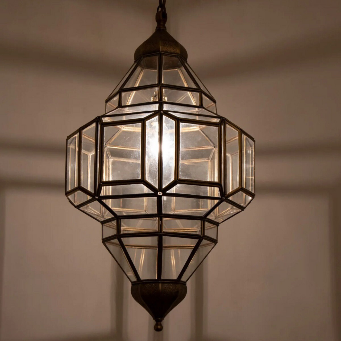 Iconic Geometric Ceiling Lamp – Moroccan Handcrafted Brass & Glass – Luxury for Home & Business Décor