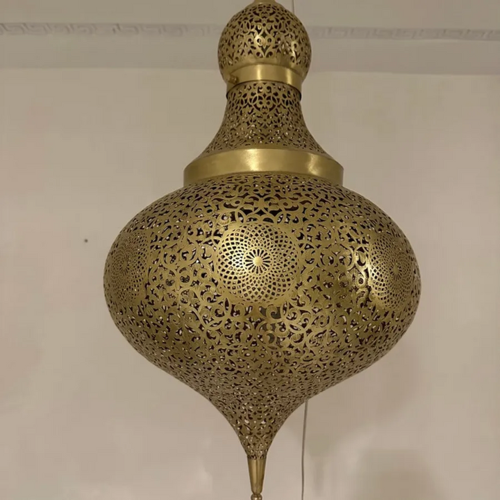 Pre-Wired Brass Sphere Pendant Light – Includes Bulb – Handcrafted Moroccan Design for Indoor Decor