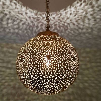 Sphere Hanging Brass Lamp, Comes Pre-Wired, Bulb Included, Moroccan-Inspired Design - Ideal For Home & Business Decoration