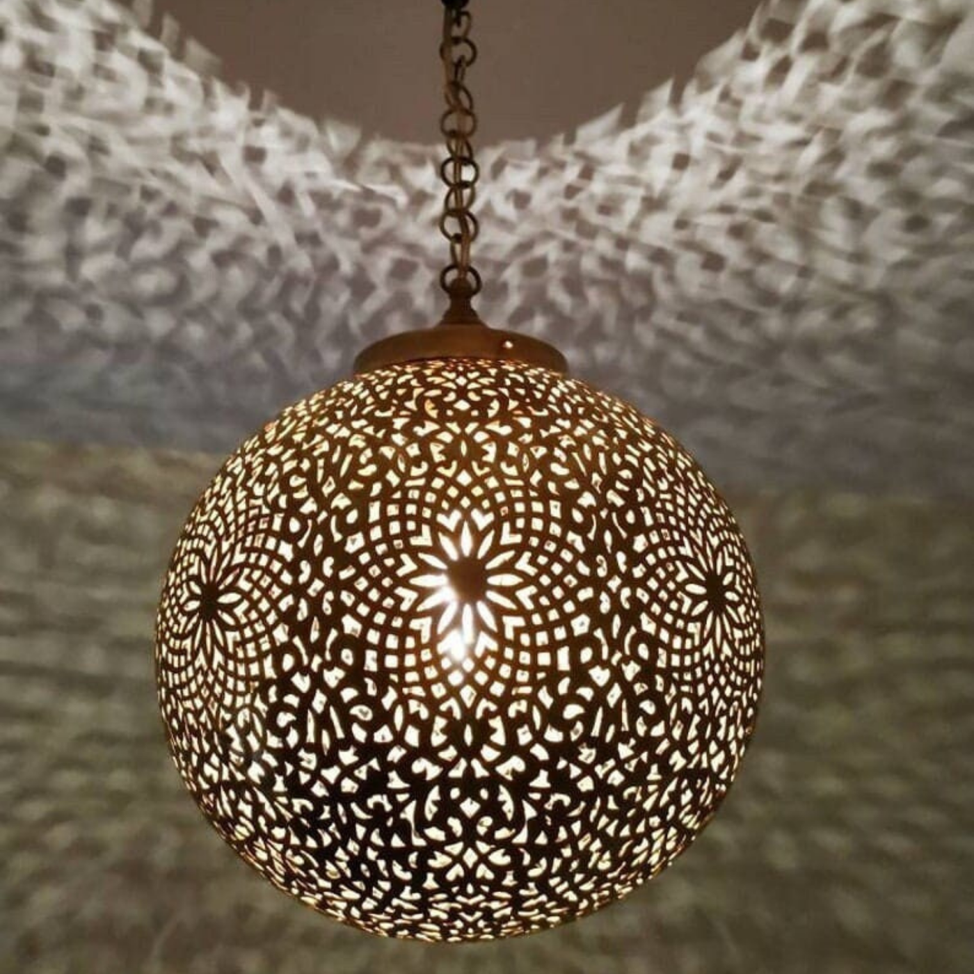 Sphere Hanging Brass Lamp, Comes Pre-Wired, Bulb Included, Moroccan-Inspired Design - Ideal For Home & Business Decoration