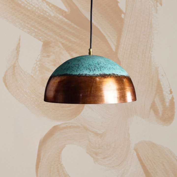 COPPER DOME CEILING LIGHT, HALF PATINA