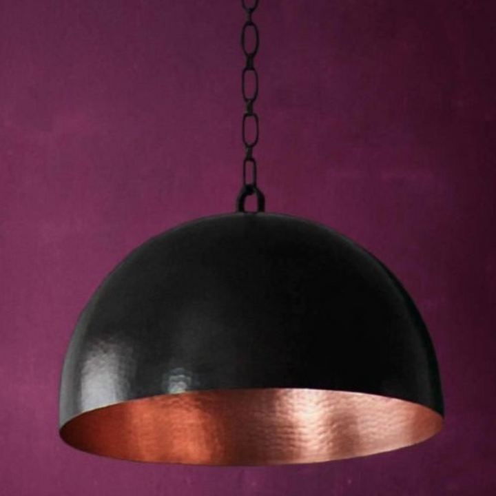 DOME CEILING LIGHT, HAMMERED BLACK & COPPER