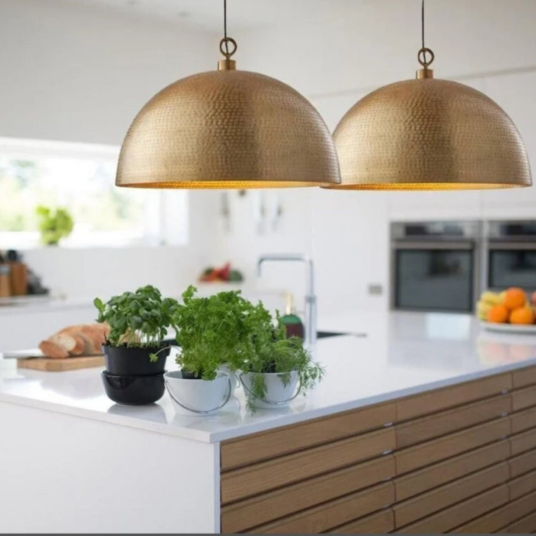 BRASS DOME CEILING LIGHT, HAMMERED GOLD