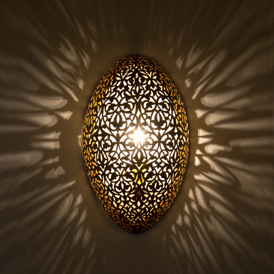 Moroccan Brass Wall Light – Hand-Carved with a Beautiful Geometric Pattern – Luxury for Home and Business Decoration