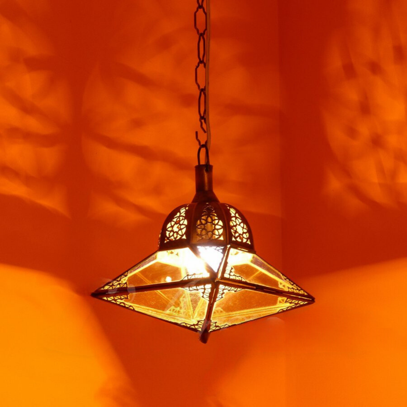 Moroccan Hanging Lamp – Brass and Glass, Handcrafted with Moroccan Artistry