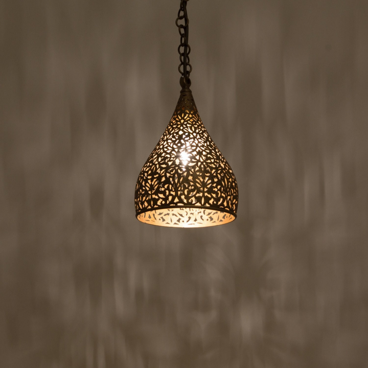 Hanging Moroccan Ceiling Lamp – Made of Brass, Includes Wire and Bulb – Hand-carved with Beautiful Geometric Moroccan Pattern