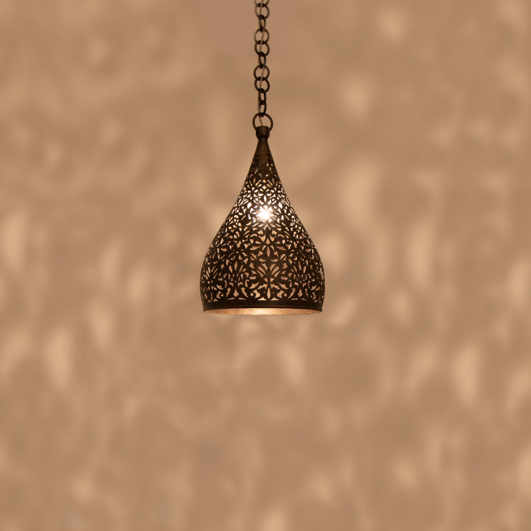 Hanging Moroccan Ceiling Lamp – Made of Brass, Includes Wire and Bulb – Hand-carved with Beautiful Geometric Moroccan Pattern