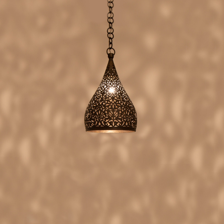 Hanging Moroccan Ceiling Lamp – Made of Brass, Includes Wire and Bulb – Hand-carved with Beautiful Geometric Moroccan Pattern