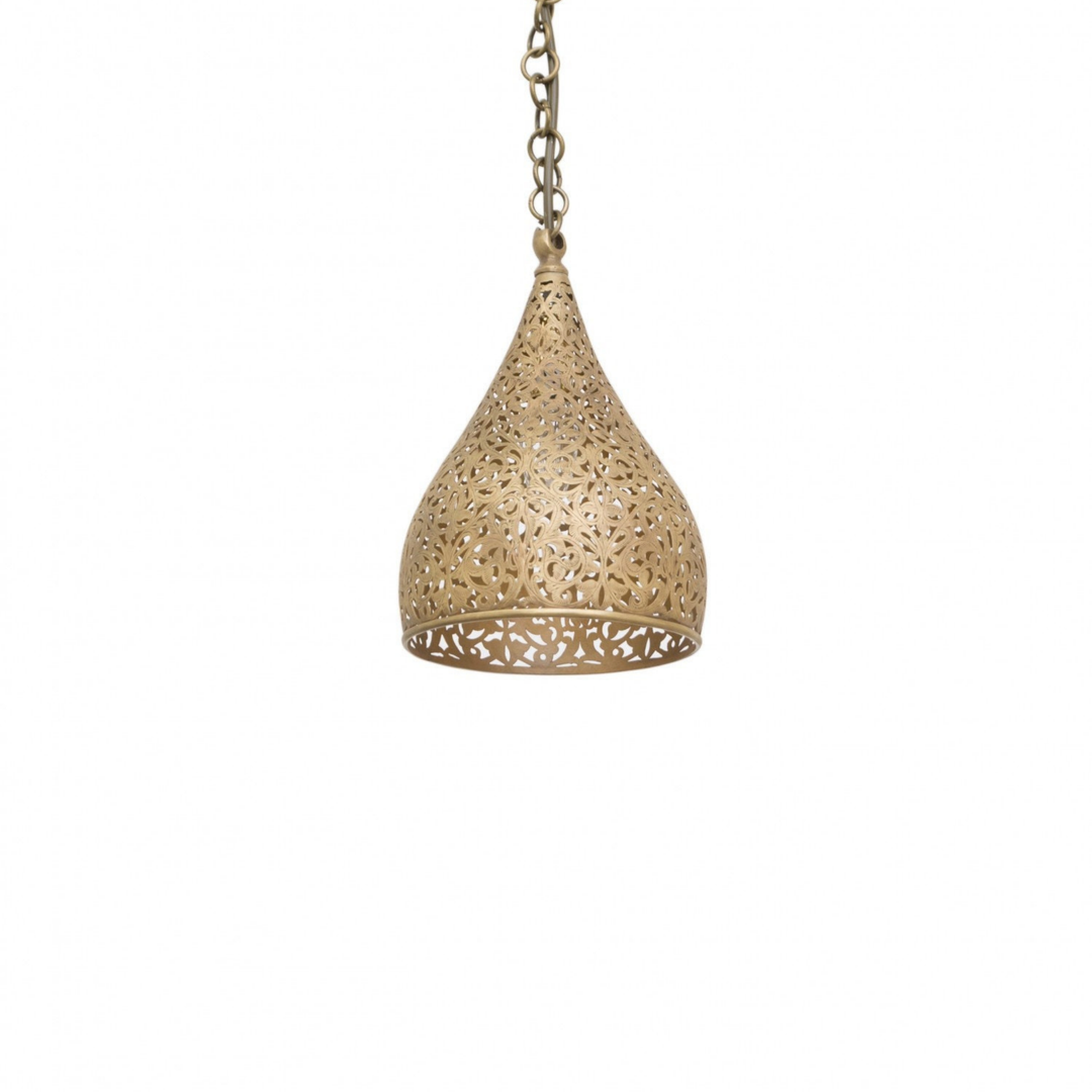 Hanging Moroccan Ceiling Lamp – Made of Brass, Includes Wire and Bulb – Hand-carved with Beautiful Geometric Moroccan Pattern