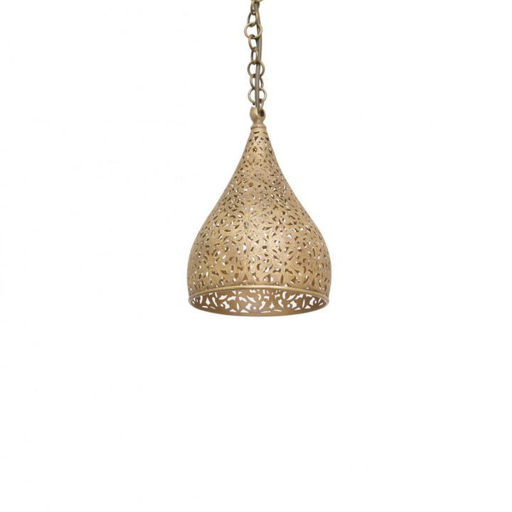 Hanging Moroccan Ceiling Lamp – Made of Brass, Includes Wire and Bulb – Hand-carved with Beautiful Geometric Moroccan Pattern
