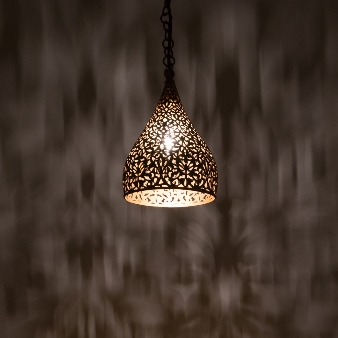 Hanging Moroccan Ceiling Lamp – Made of Brass, Includes Wire and Bulb – Hand-carved with Beautiful Geometric Moroccan Pattern