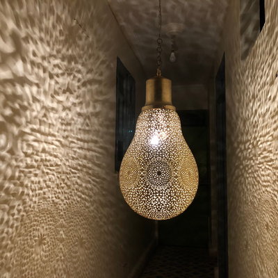 Moroccan Hand Engraved Lightbulb Ceiling Lamp – Available in Gold, Silver, Black Brass, Ideal for Home Lighting