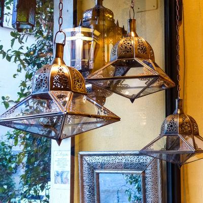 Moroccan Hanging Lamp – Brass and Glass, Handcrafted with Moroccan Artistry