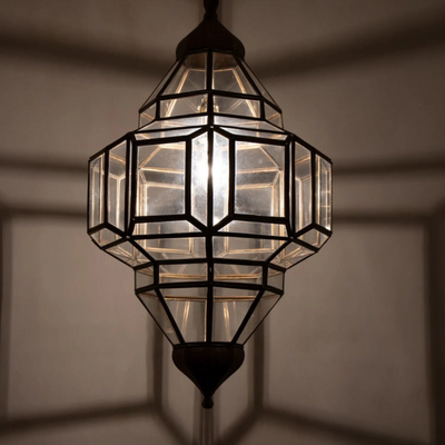 Iconic Geometric Ceiling Lamp – Moroccan Handcrafted Brass & Glass – Luxury for Home & Business Décor