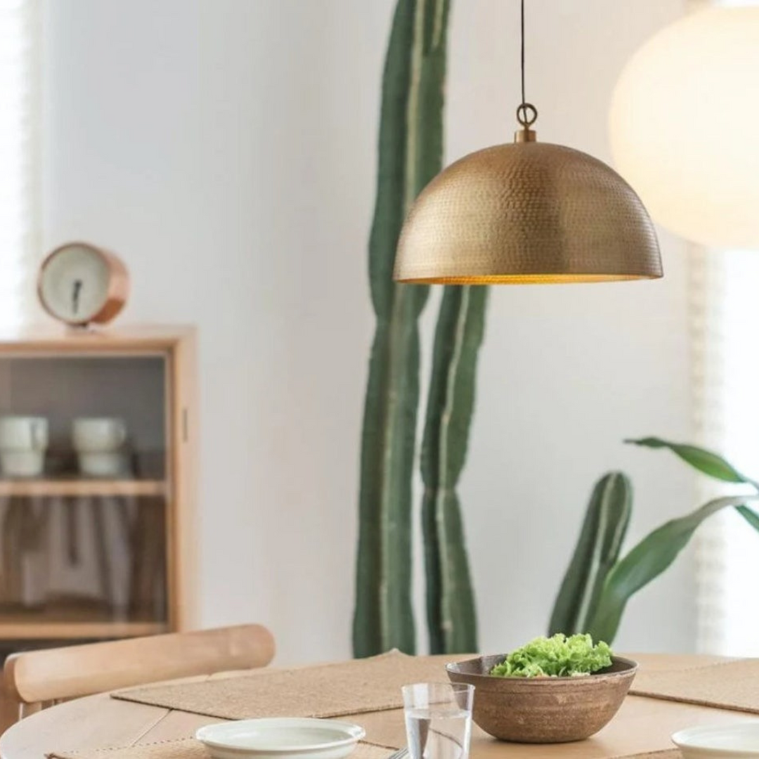 BRASS DOME CEILING LIGHT, HAMMERED GOLD