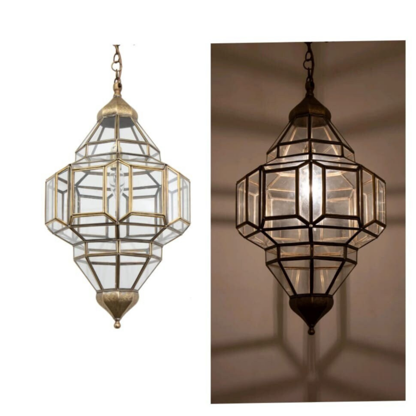 Iconic Geometric Ceiling Lamp – Moroccan Handcrafted Brass & Glass – Luxury for Home & Business Décor