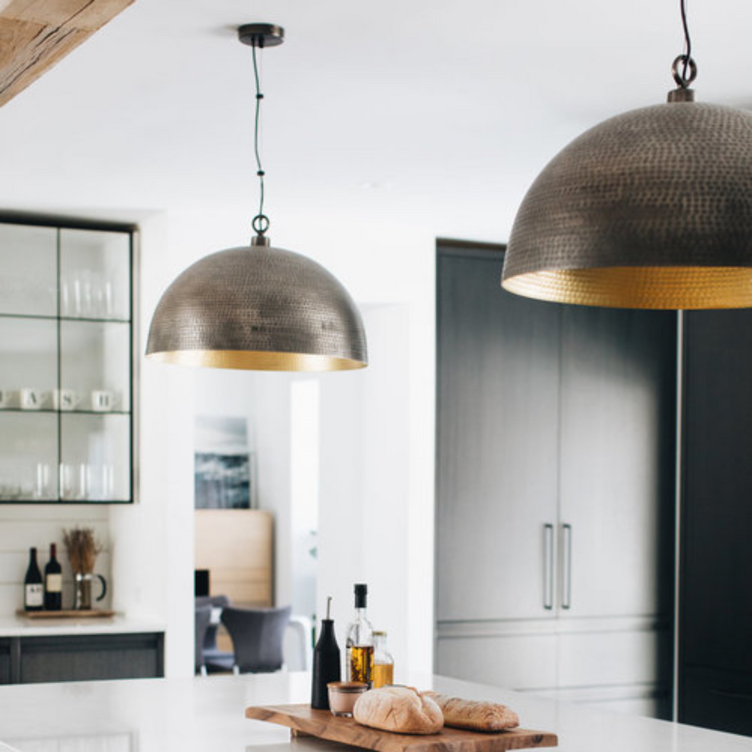 BRASS DOME LIGHT, HAMMERED BLACK & GOLD
