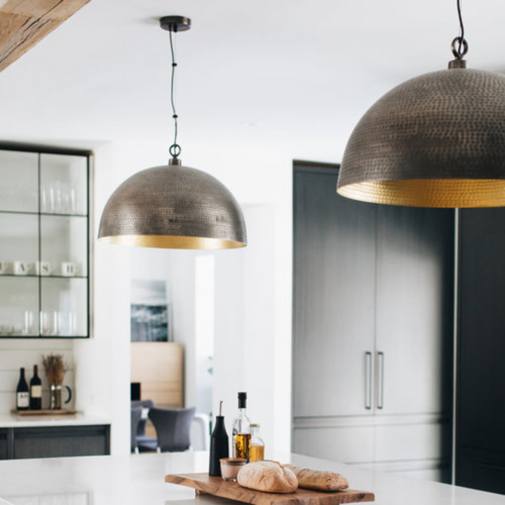 BRASS DOME LIGHT, HAMMERED BLACK & GOLD