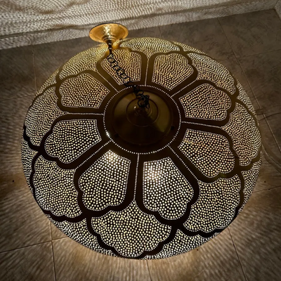 Moroccan Handcrafted Brass Sphere Pendant Light – Pre-Wired with Bulb for Elegant Indoor Lighting