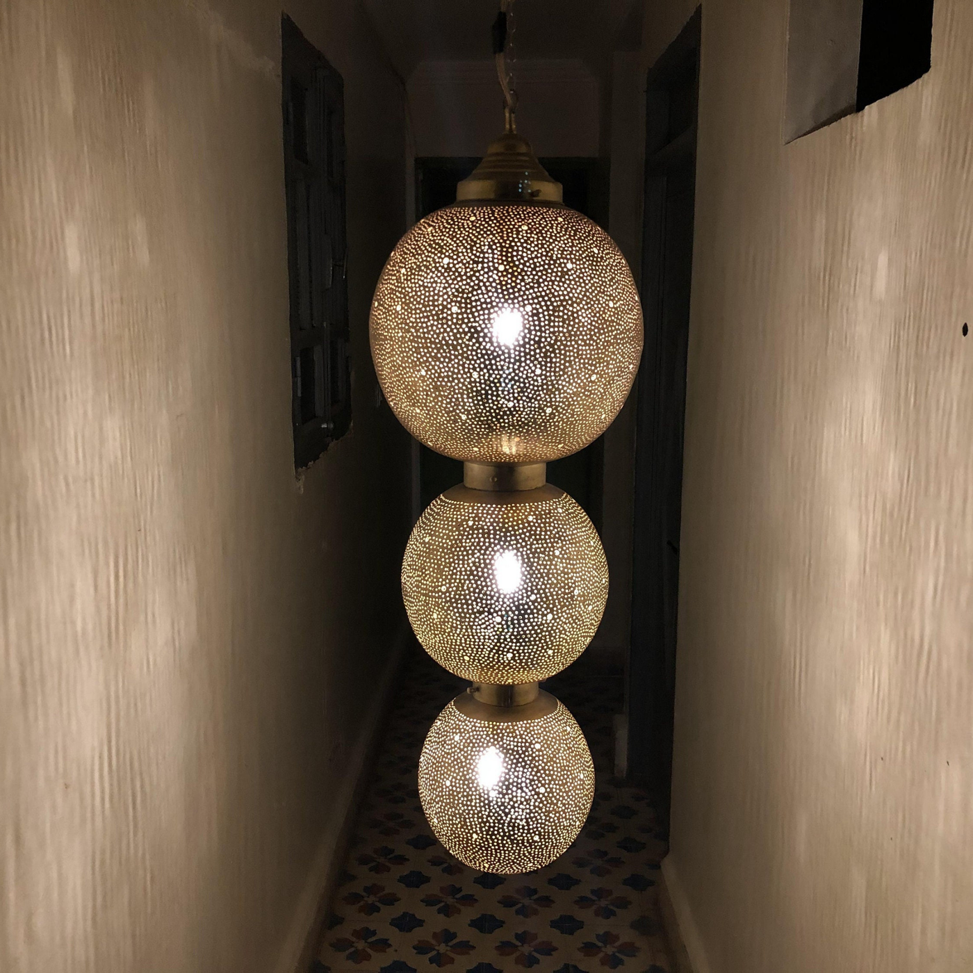 Large Moroccan Ceiling Light Brass set of 3 balls - Available in Gold, Silver, Black Brass - Luxury for Home Lighting Decoration