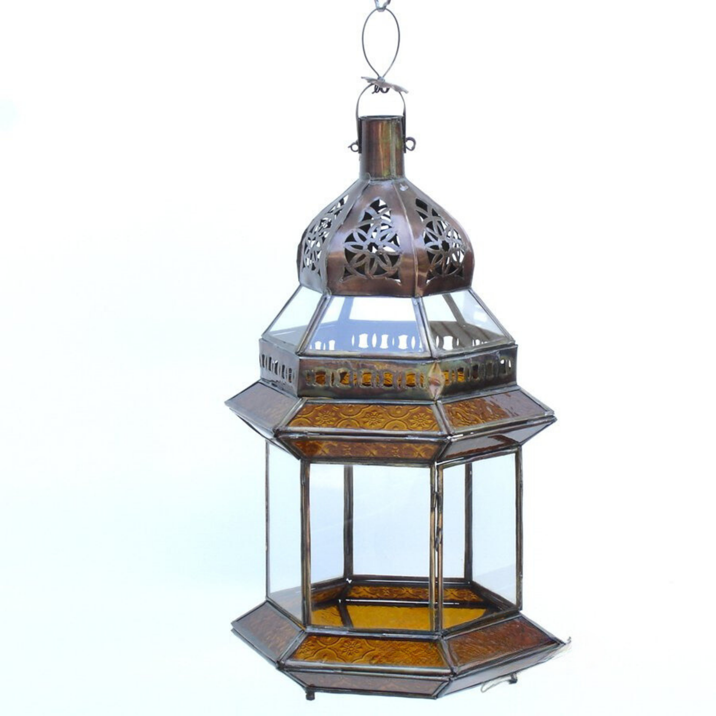 Moroccan Hanging Lantern – Glass & Copper, Handcrafted, Luxury for Outdoor and Indoor Lighting Decor