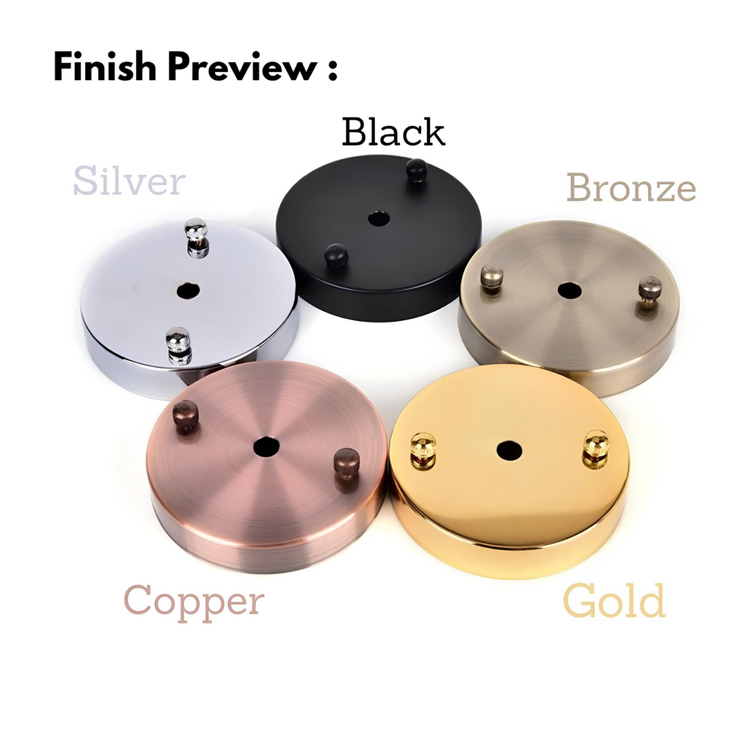 Five metal finish samples for brass ceiling lights, including silver, black, bronze, copper, and gold options.