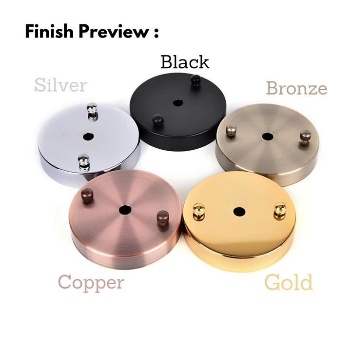 Five metal finish samples for brass ceiling lights, including silver, black, bronze, copper, and gold options.