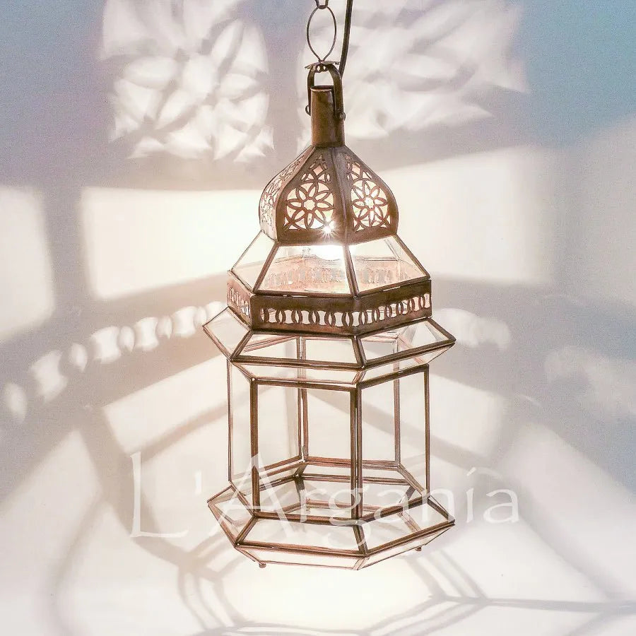 Moroccan Hanging Lantern - Made of Glass and Copper - Easily hung or placed on flat surfaces, Luxury for Outdoor and Indoor Lighting Decor