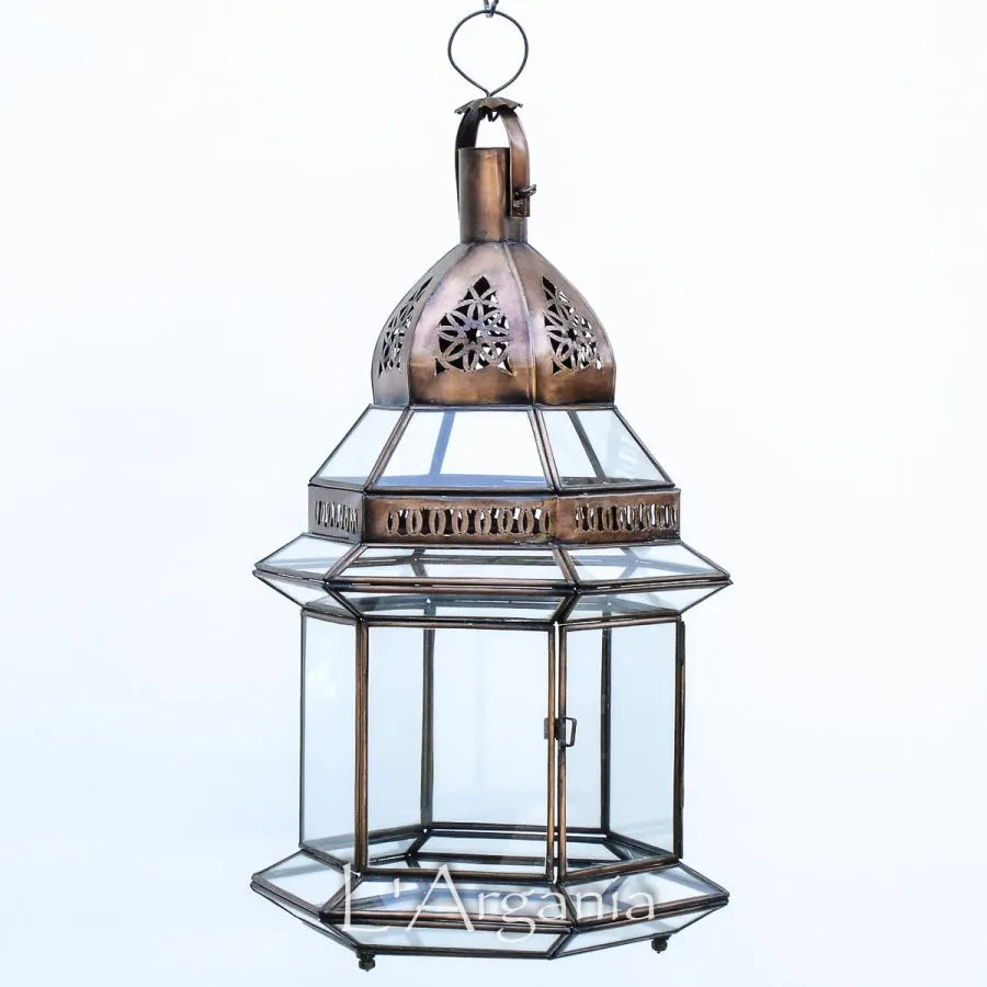 Moroccan Hanging Lantern - Made of Glass and Copper - Easily hung or placed on flat surfaces, Luxury for Outdoor and Indoor Lighting Decor