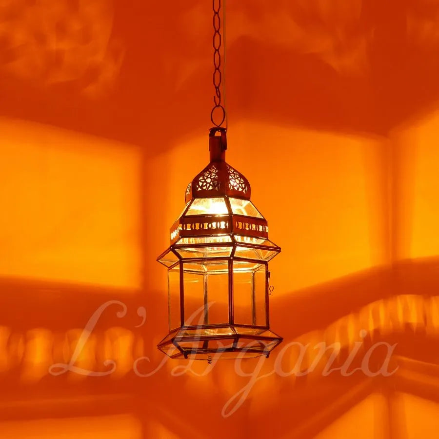 Moroccan Hanging Lantern - Made of Glass and Copper - Easily hung or placed on flat surfaces, Luxury for Outdoor and Indoor Lighting Decor