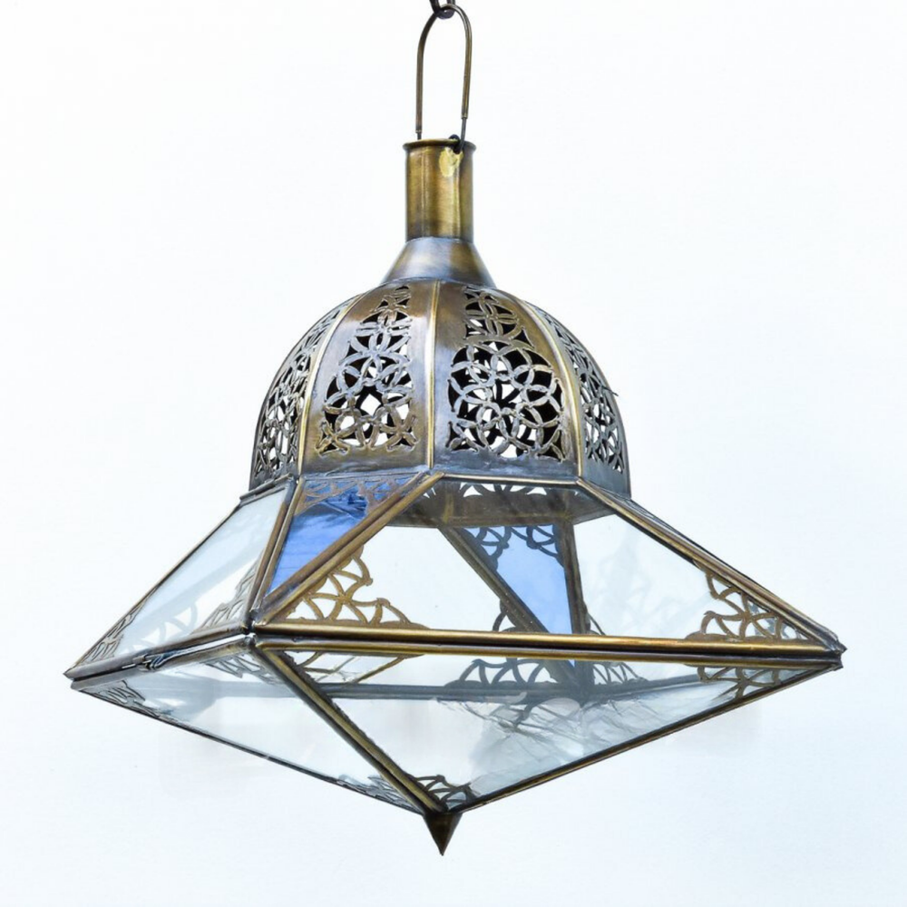 Moroccan Lanterns Abdul Brass Transparent & Blue hanging light with clear panels and blue accents for entries