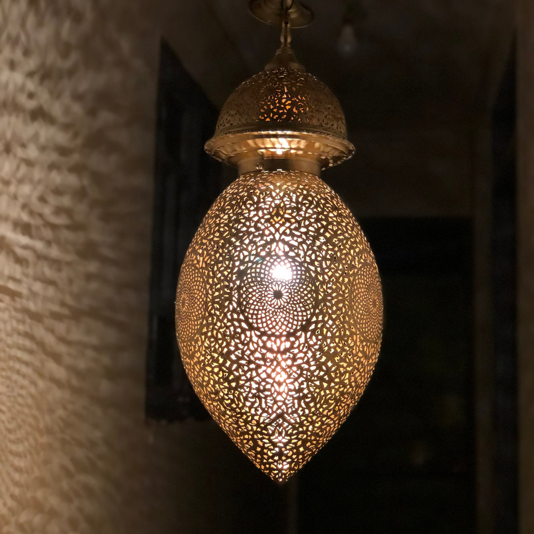 Brass Ceiling Light Ali featuring patterned brasswork, ideal for adding soft decorative lighting to bedrooms and entryways.