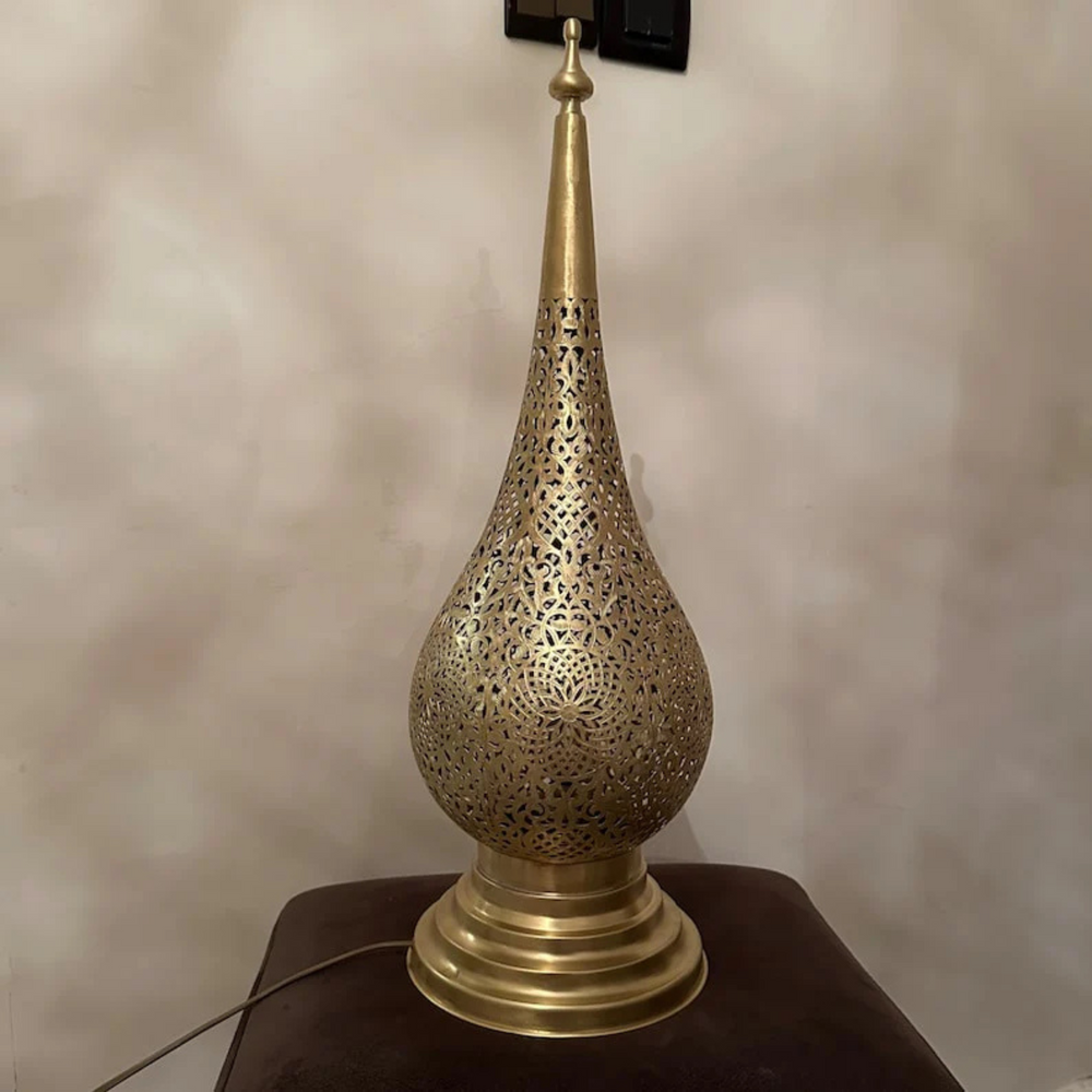 Front view of Almond II lamp showing Moroccan form for riads, boutique hotels, and refined spaces.
