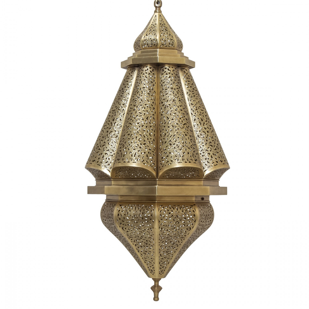 Amira ceiling lamp in polished brass finish with decorative metal detail for warm ambience in bedrooms and entry areas.