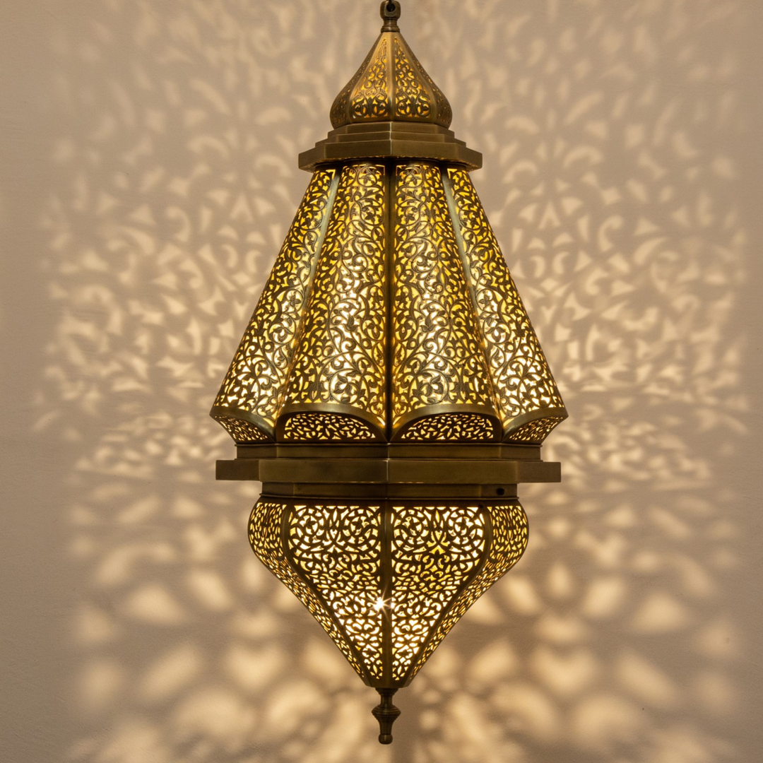 Amira gold pendant lantern with handcrafted brass texture and soft ceiling light for riads, hallways, and cozy living spaces.
