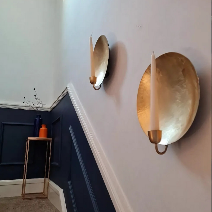 Brass Candle Holder Round with warm metal shine and Moroccan-inspired detail for tables, shelves, and cozy room decor
