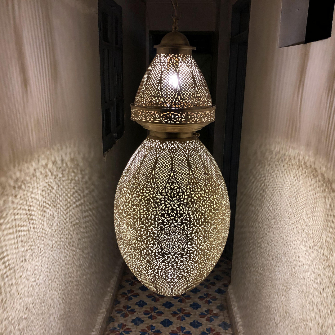 Brass Ceiling Light Ashraf with dome brass glow and handmade Moroccan detail for bedrooms, entries, and lounges