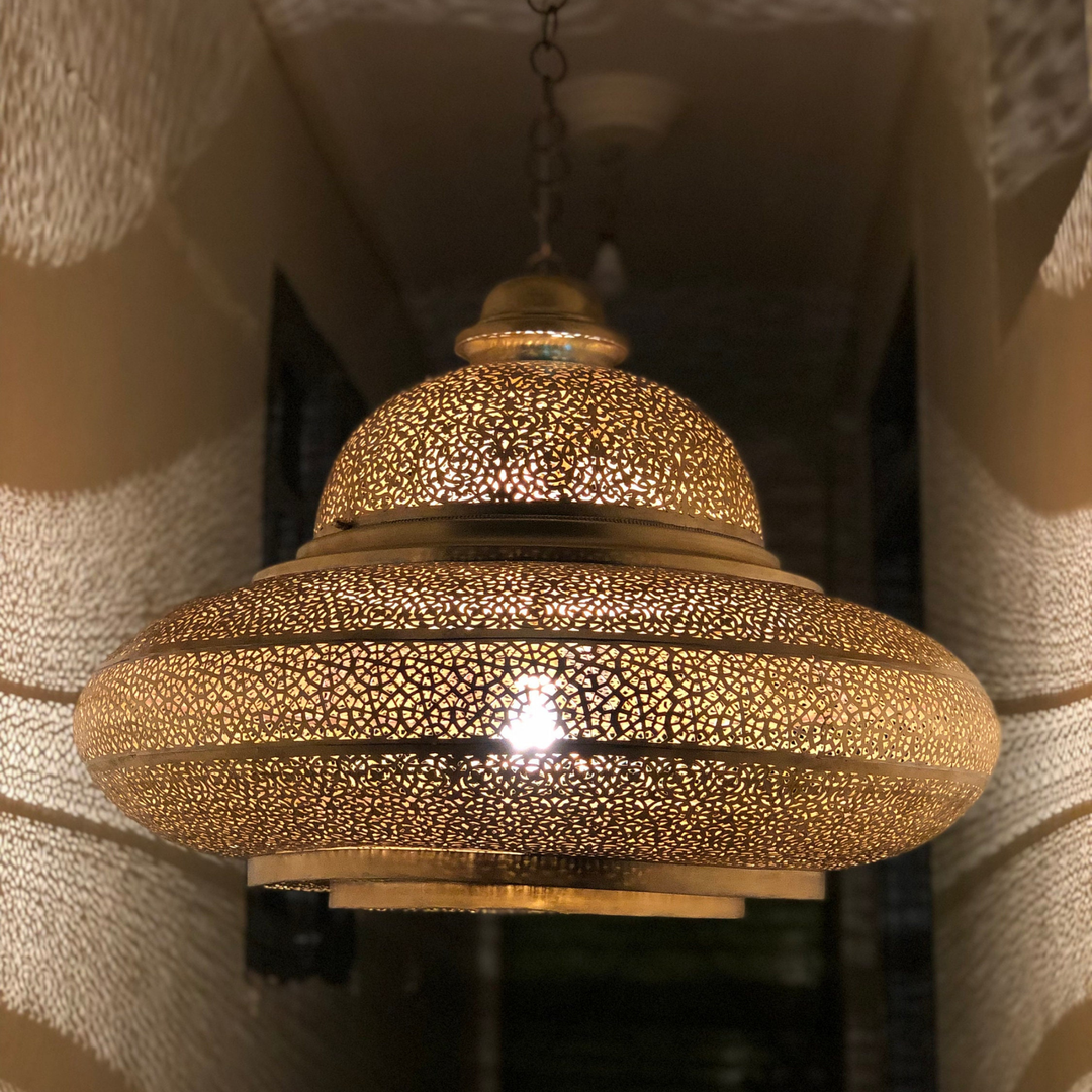 Brass Ceiling Light Lubna with rounded brass glow and handmade Moroccan detail for bedrooms, hallways, and lounges