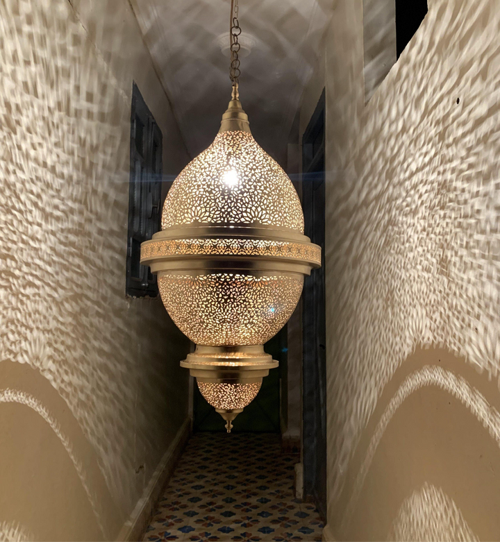 Brass Ceiling Light Nassim XL with large brass form and soft Moroccan glow for spacious bedrooms and living rooms