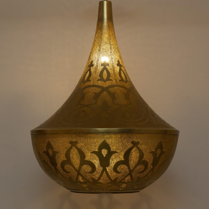 Yussra brass ceiling light with pierced lantern detail creating soft golden ambience for dining rooms and bedroom ceilings.
