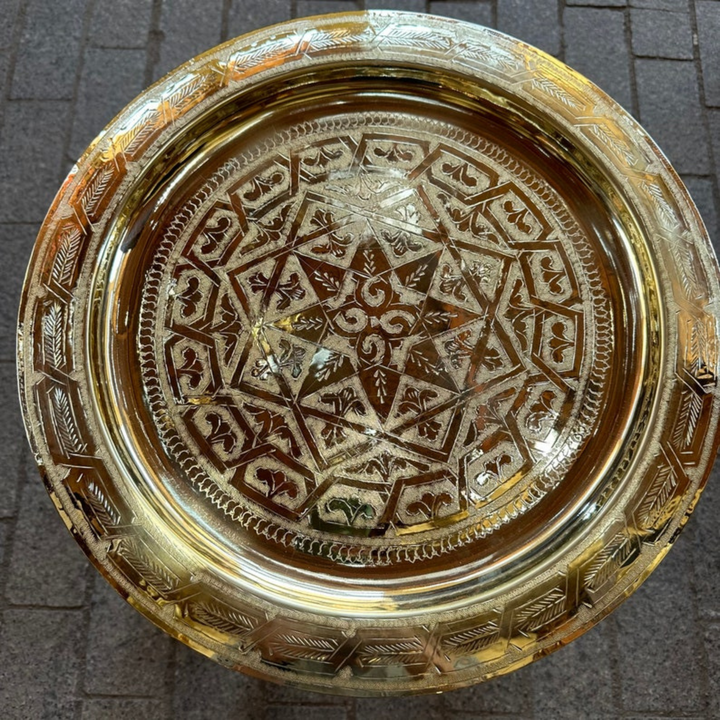 Moroccan Hand Engraved Tray Dehbi featuring artisan texture and smooth brass finish for stylish room accent placement