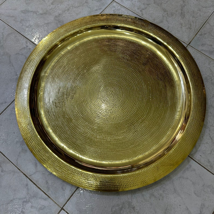 Moroccan Hand Engraved Tray Hamsa featuring artisan pattern work and polished brass surface for stylish home accents