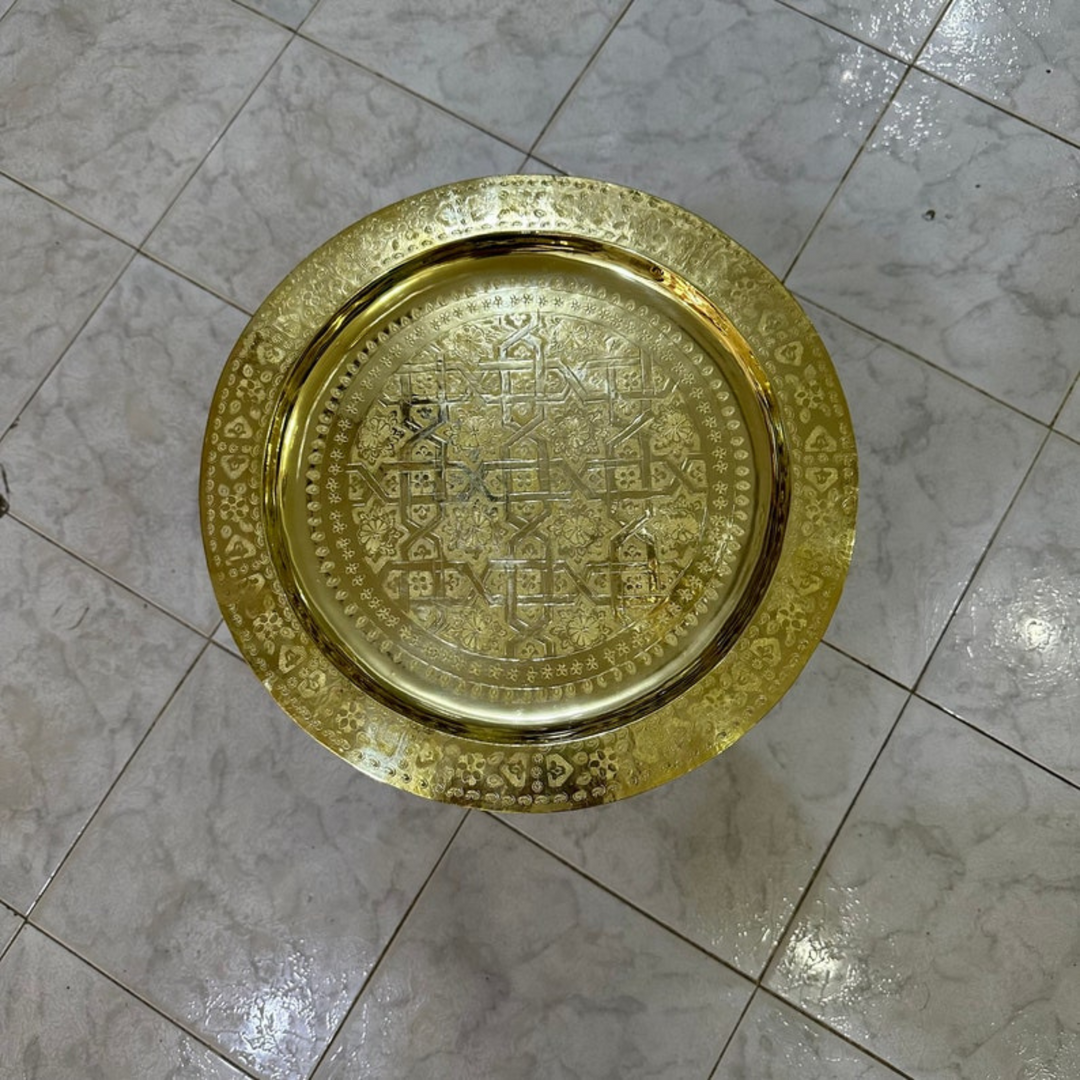 Moroccan Hand Engraved Tray Zwina featuring artisan pattern work and polished brass texture for stylish room accents